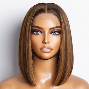 Glueless Chestnut Brown Highlights Blunt Cut Silky Straight 4x4 Closure HD Lace Bob Wig 100% Human Hair