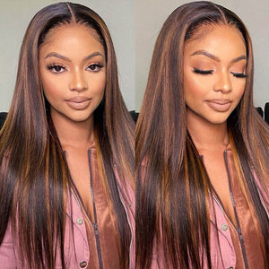 Glueless Chestnut Brown Highlights Bone Straight 13x4 Frontal HD Lace Wig 100% Human Hair 26